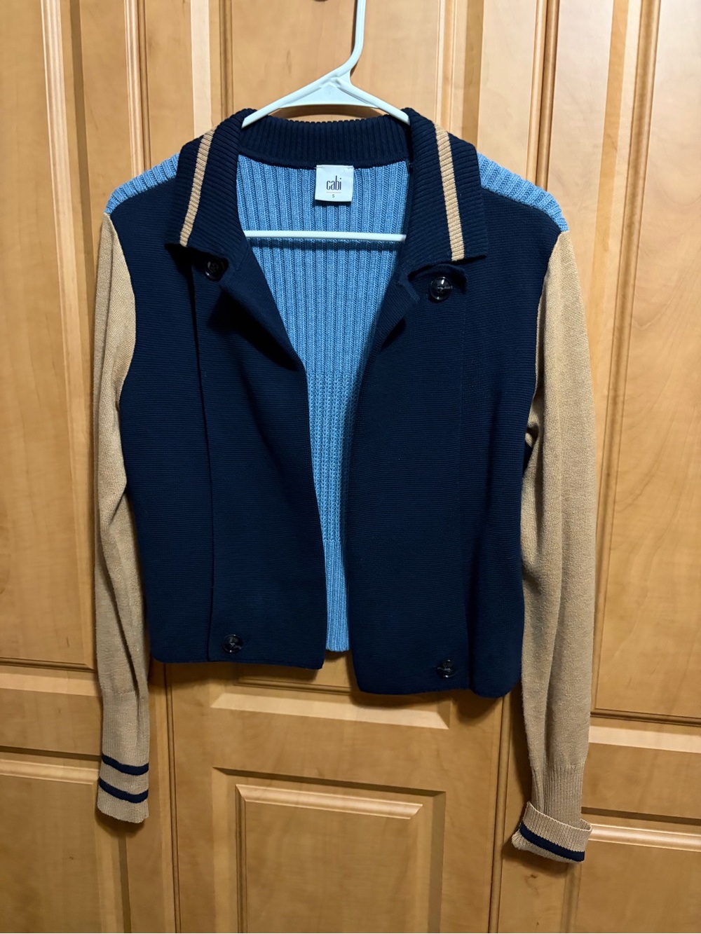 CAbi Navy, Light Blue & Tan Colorblock Knit Cardigan